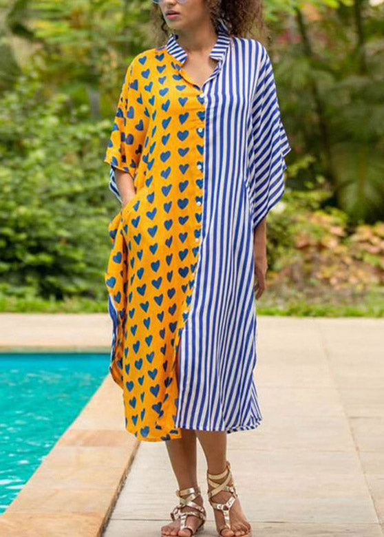 Split Print Button Down Kaftan Sleeve Midi Shirt Dress
