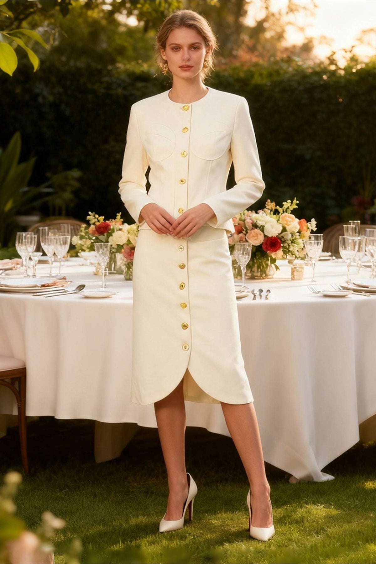 Crew Neck Button Front Jacket and Midi Skirt Two Piece Set 3