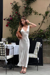 Lace Cutout White Halter V-Neck Mermaid Silk Dress 2