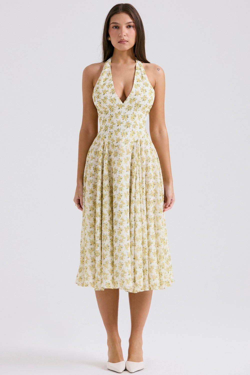 Ditsy Floral Halter Neck Plunge Fit and Flare Midi Dress 2