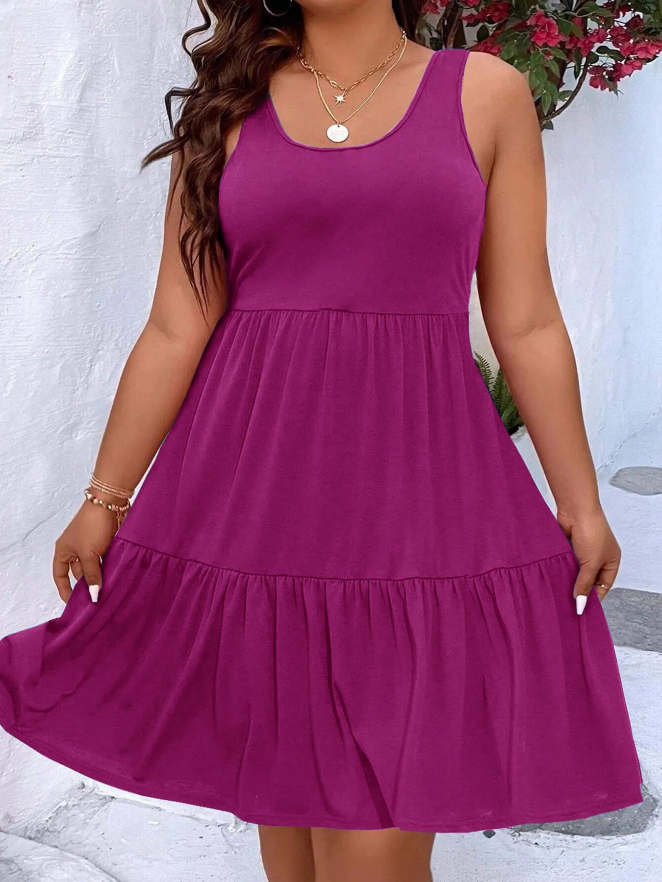 Plus Size Tiered Scoop Neck Tank Dress Purple Red