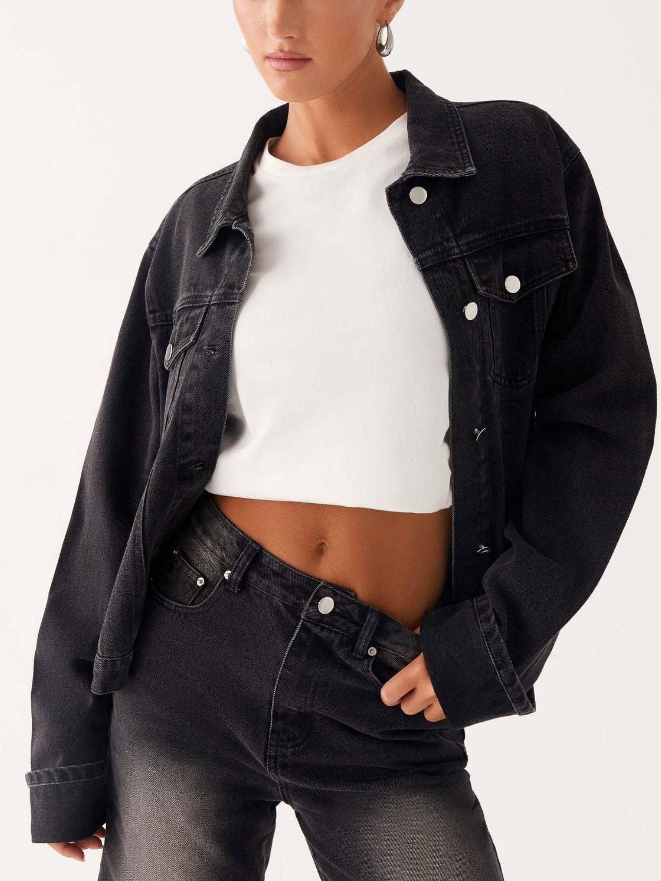Button Down Cropped Oversized Denim Jacket