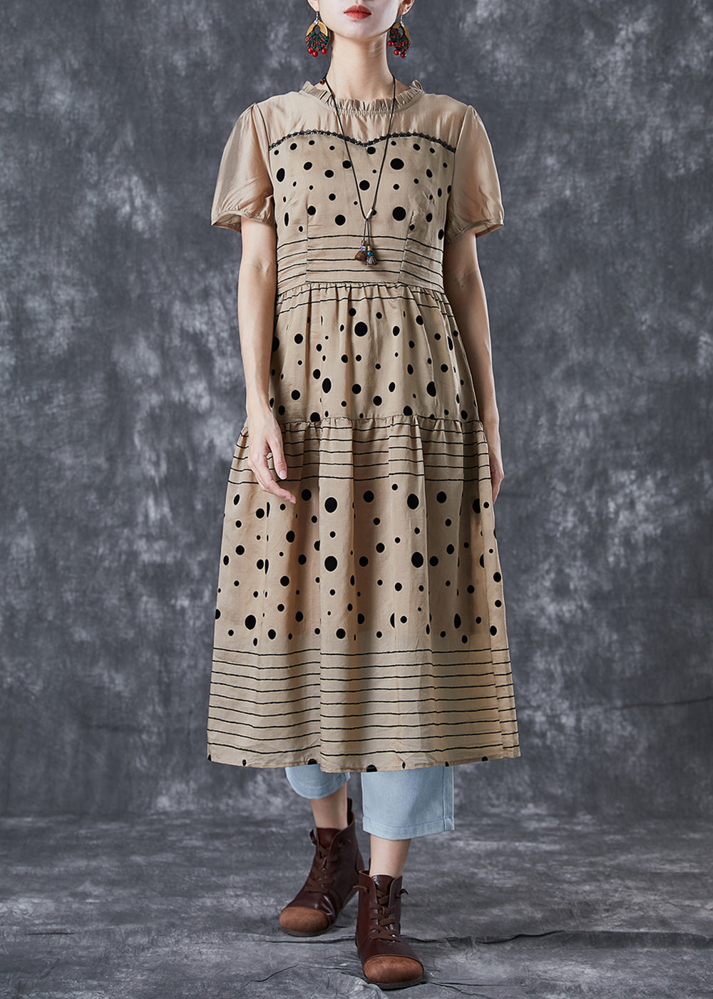 Polka Dot Stripe Patchwork Ruffle Neck Short Sleeve Tiered Midi Dress