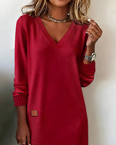 V-Neck Long Sleeve Knit Sweater Mini Dress 8