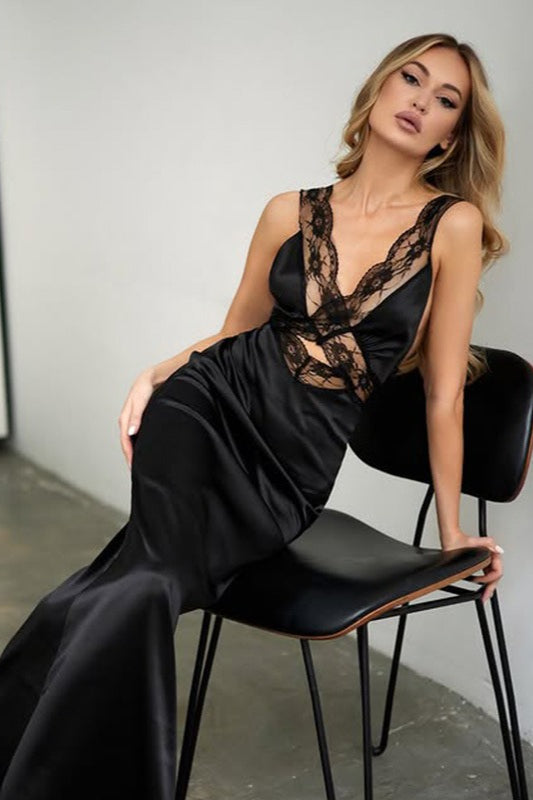 Lace Trim Satin Cutout Sleeveless Cami Fit Lace Dress