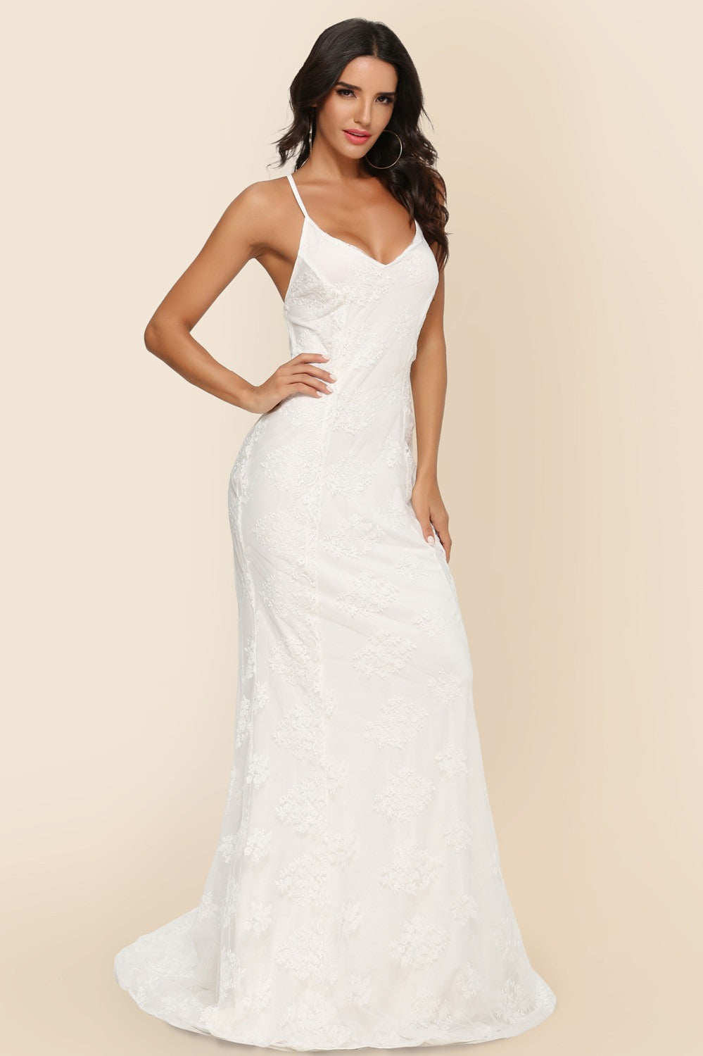 Lace V-Neck Spaghetti Strap Backless Mermaid Gown