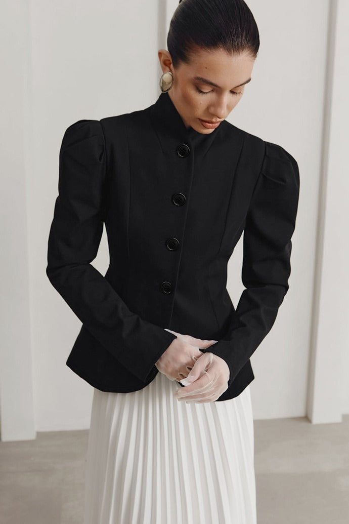 Stand Collar Puff Shoulder Long Sleeve Fitted Curved Hem Blazer 3
