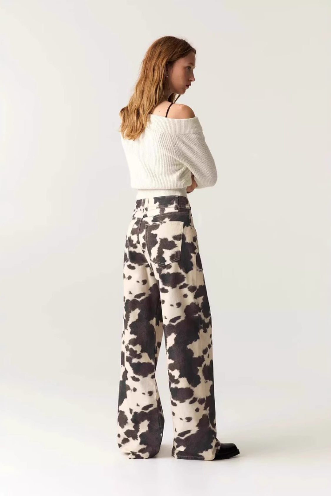 Cow Print Denim-Look Low Rise Loose Wide Leg Jeans 2
