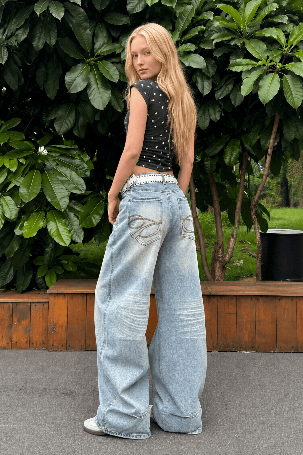 High-Waist Vintage Washed Wide-Leg Denim Jeans