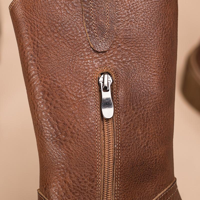 Leather Mid Calf Boots High Heel Cowboy Boots Designer Retro Chunky Riding Boots Handmade Short Plush Black/Brown