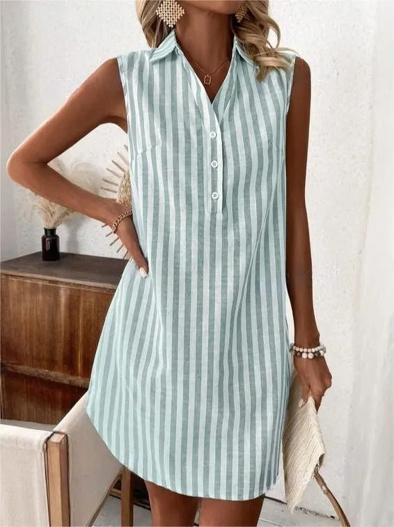 Striped Collared Sleeveless Button Front Shirt Dress