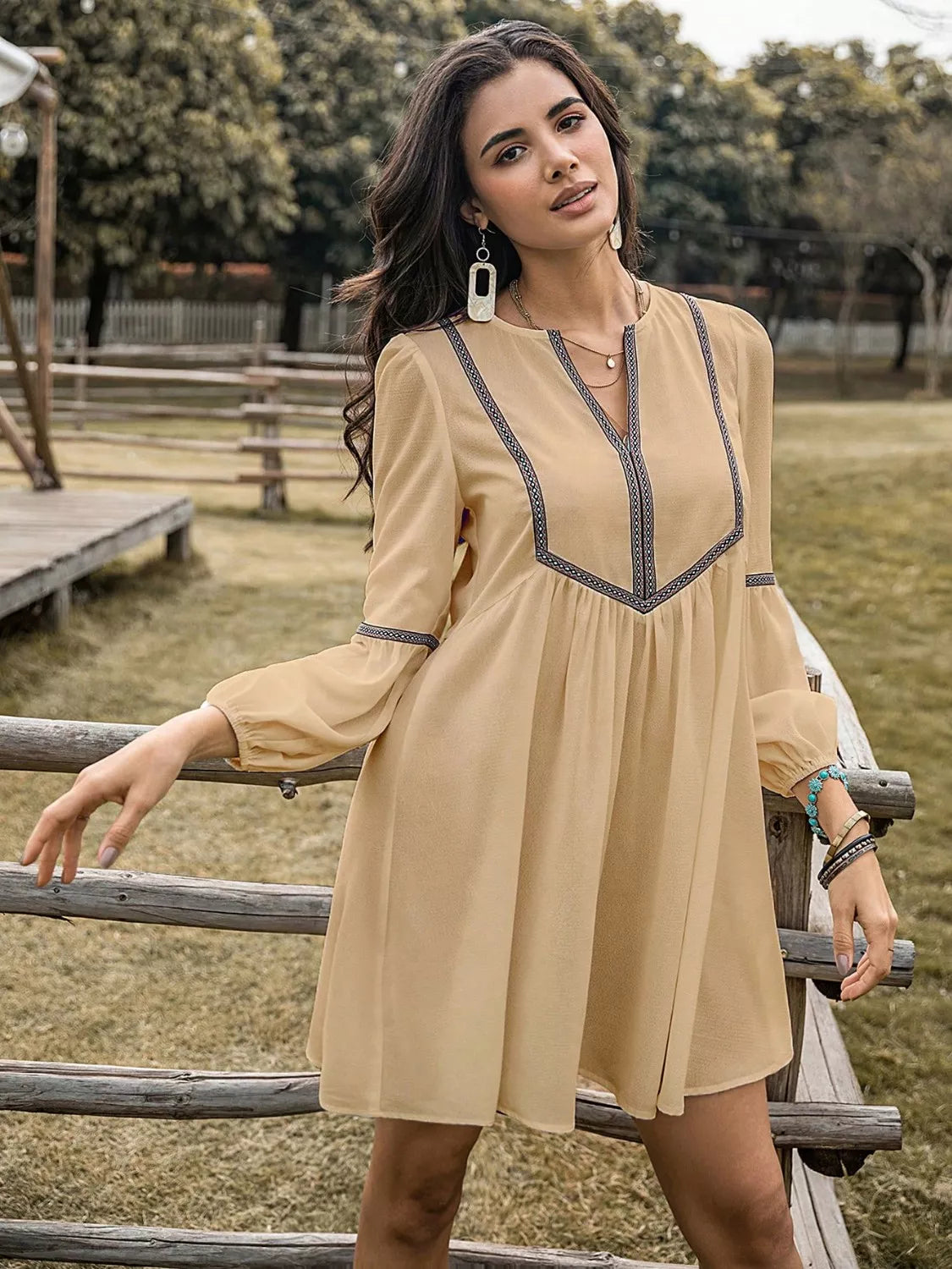 Embroidered Tape Trim Notch Neck Long Sleeve Smock Mini Dress 20