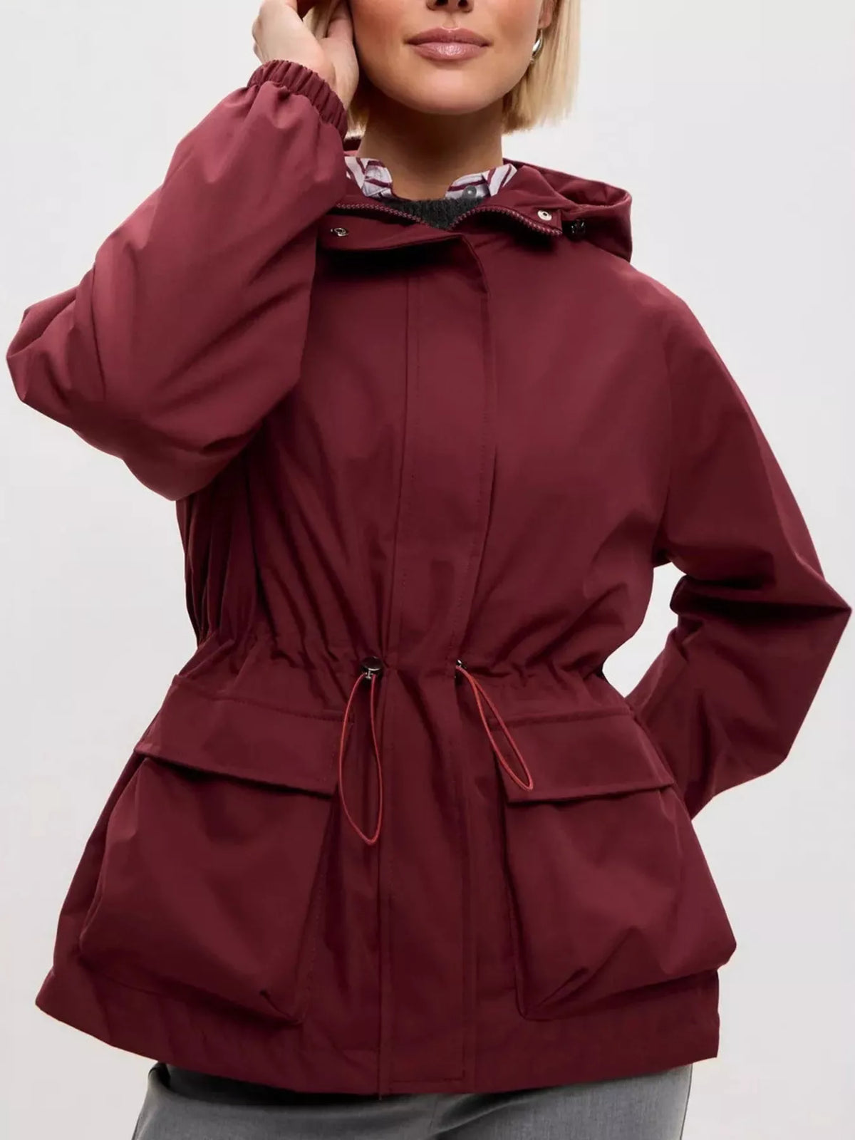 Hooded Drawstring Waist Flap Pocket Zip Front Windbreaker Jacket 12