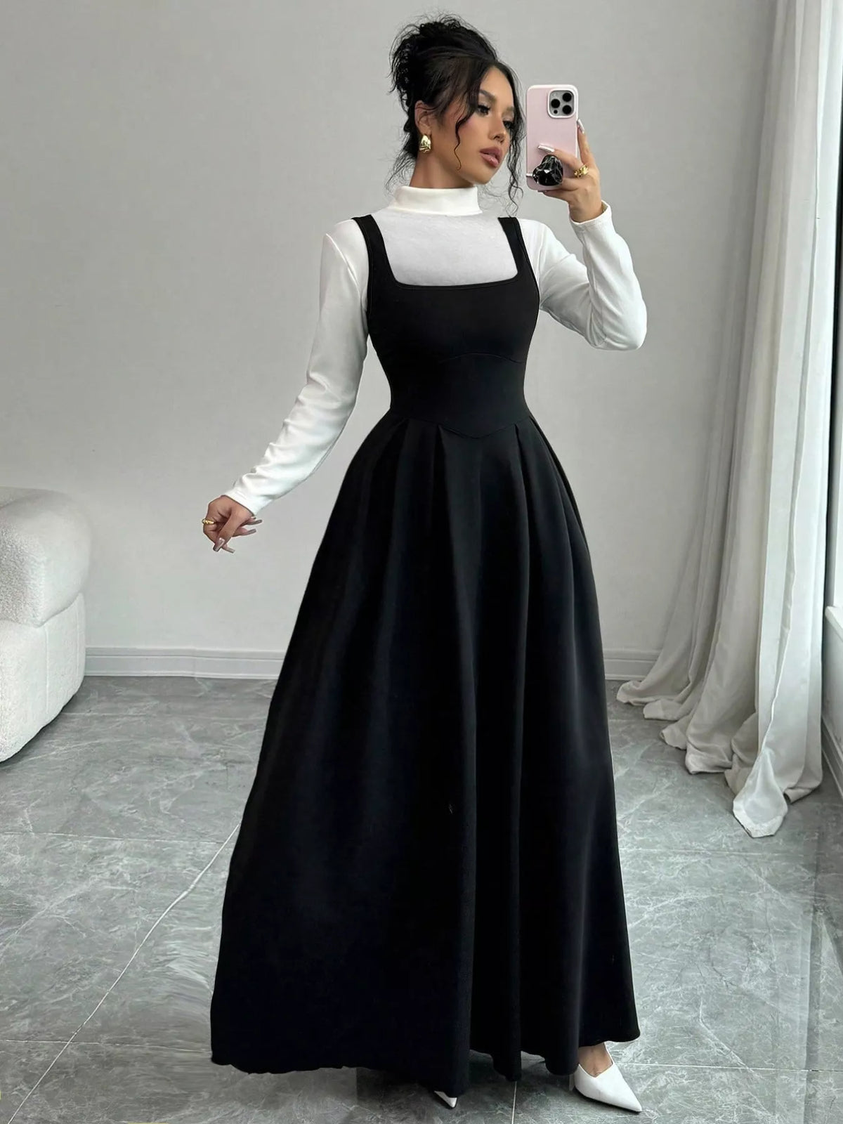 Square Neck Sleeveless Corset Waist Pleated A-Line Maxi Dress 4