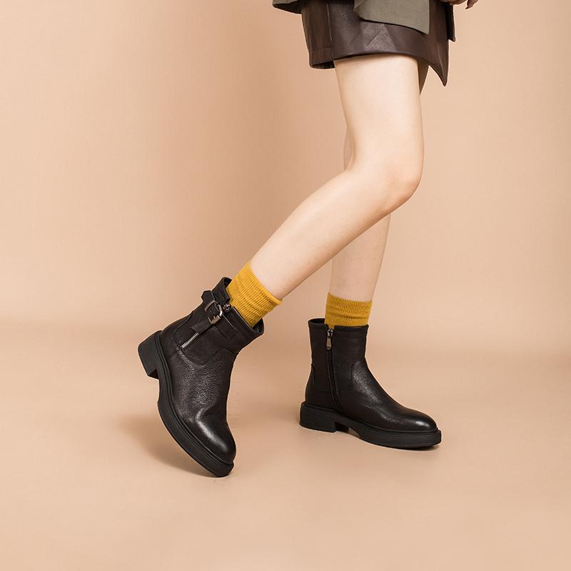 Full Grain Leather Short Boots Designer Retro Chunky Riding Boots Side Zip Buckle Boots Brown/Black