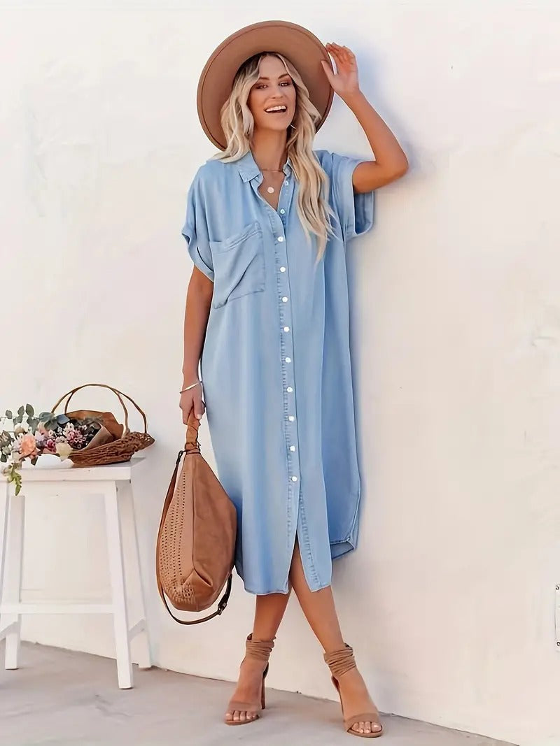 Denim Look Button Front Short Sleeve Midi Shirt Dress