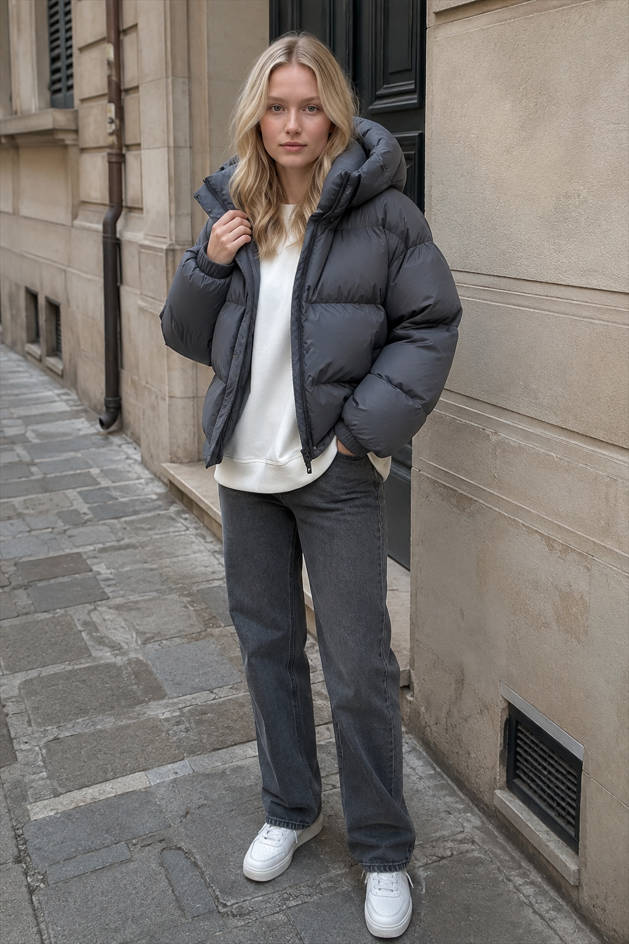 Hooded Snap Front Cropped Oversized Puffer Jacket 3