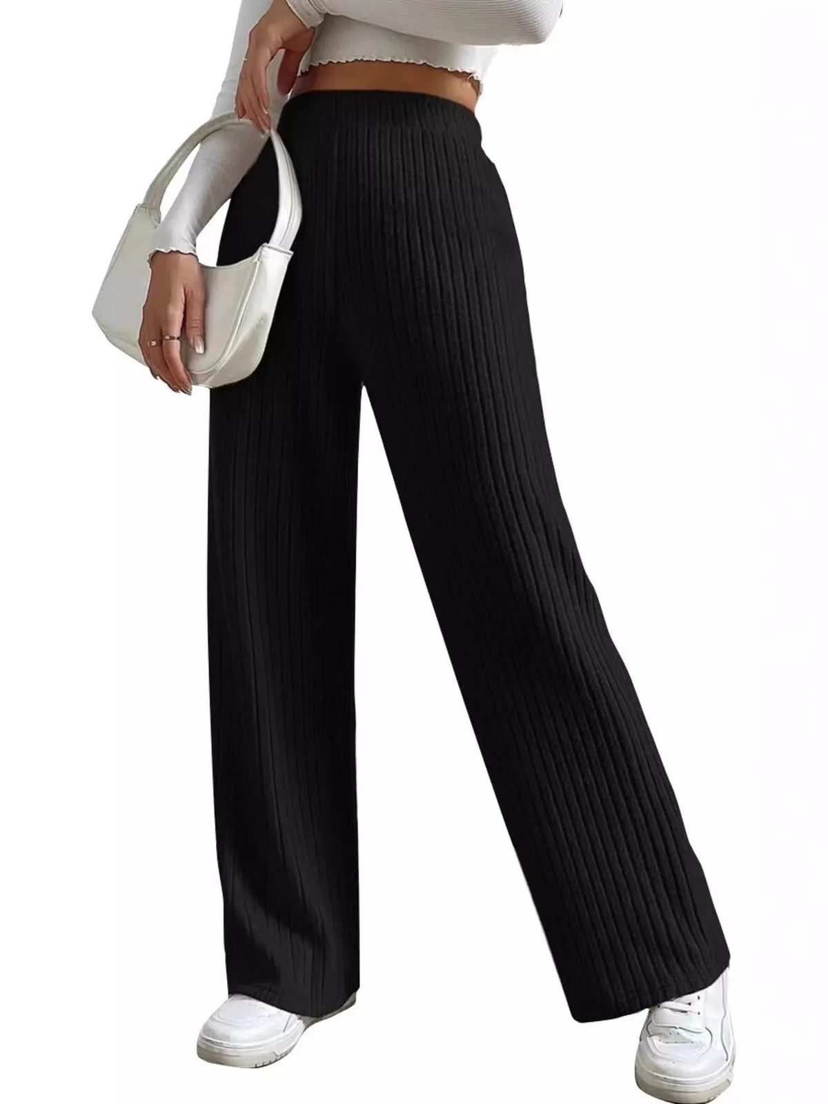High Waist Ribbed Knit Elastic Waist Wide Leg Pants 4
