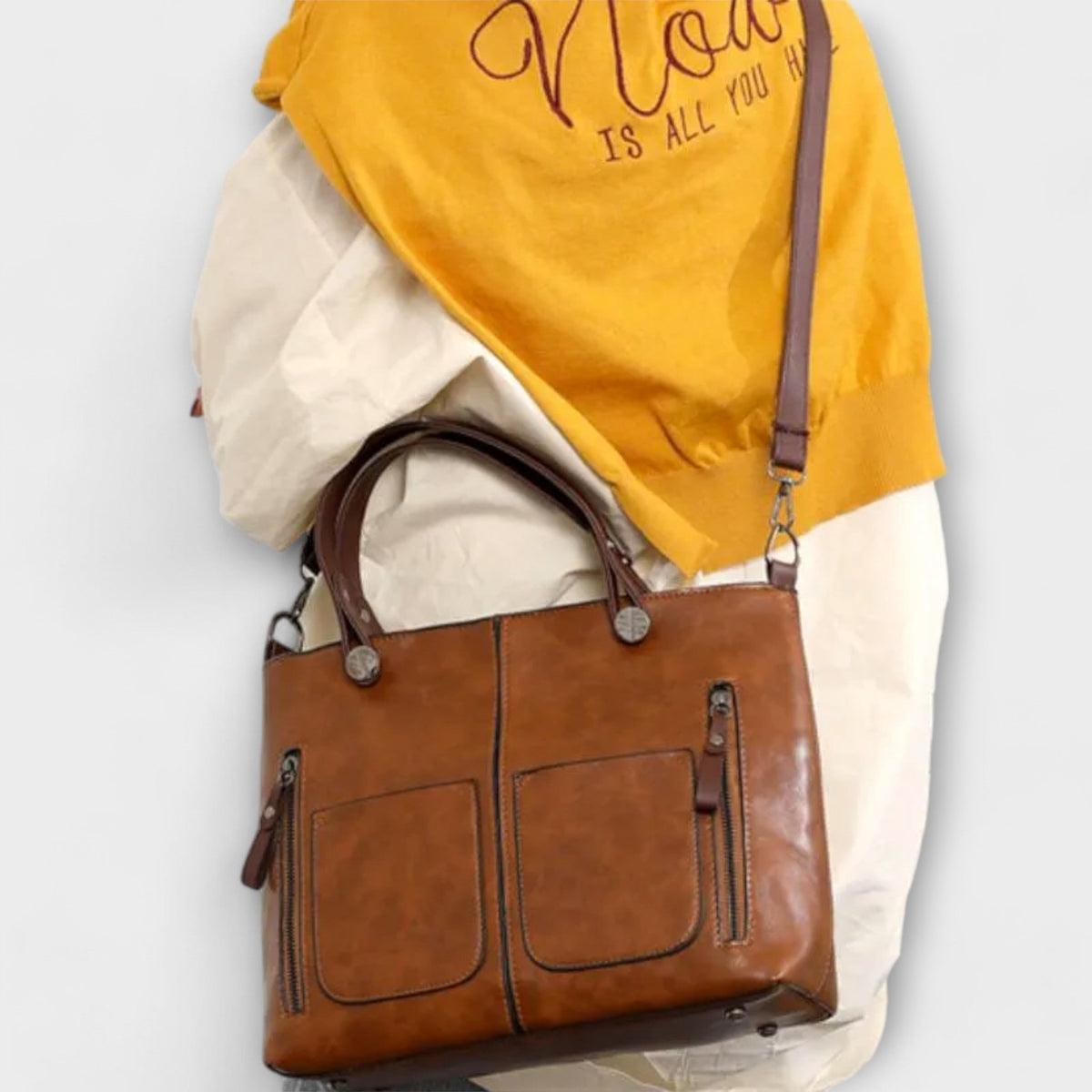 Dual Handle Multi Pocket Faux Leather Tote Bag