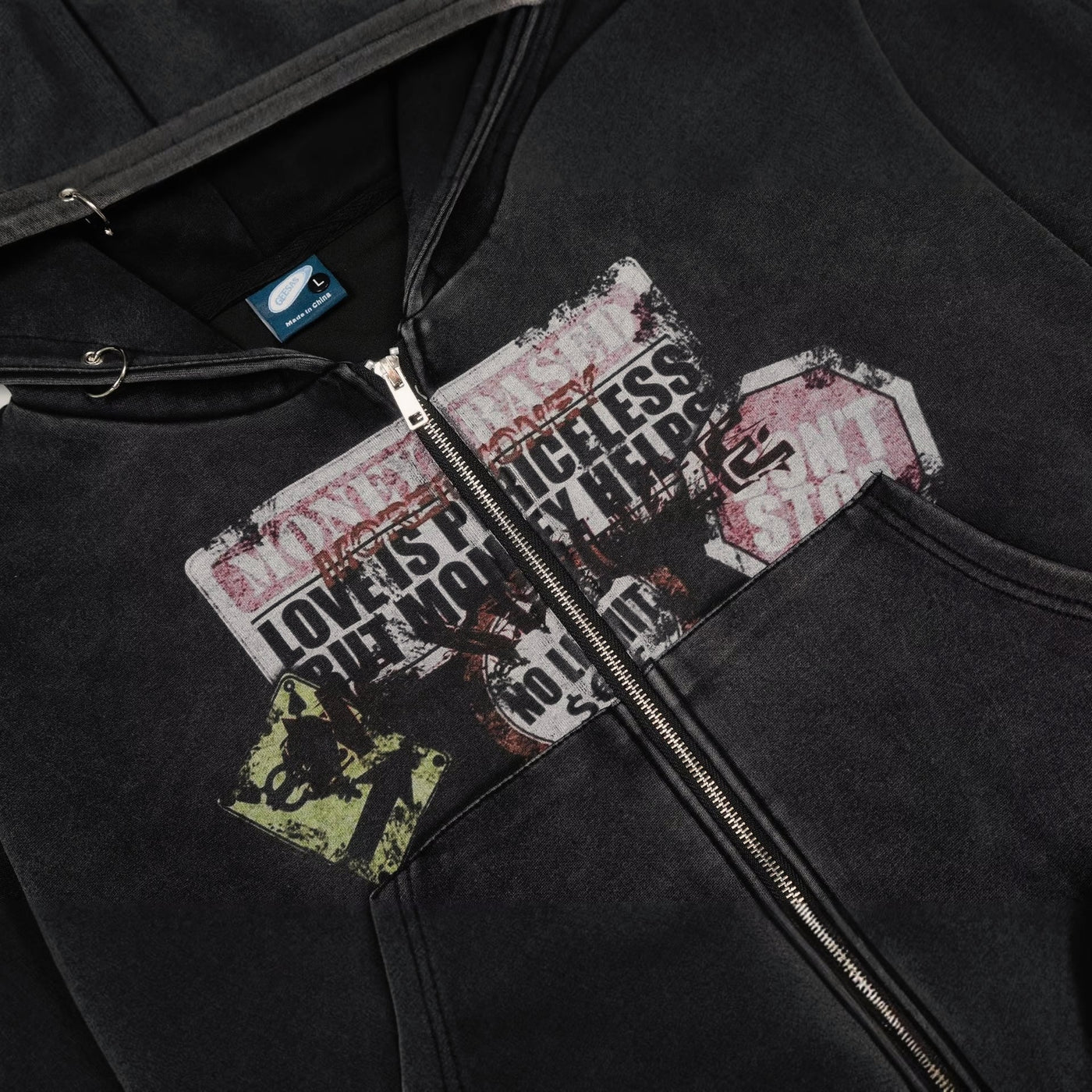 Heavy Washed Distressed Letter Print Zip Hoodie