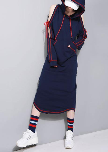 Cold Shoulder Hooded Long Sleeve Kangaroo Pocket Stripe Detail Curved Hem Maxi Dress