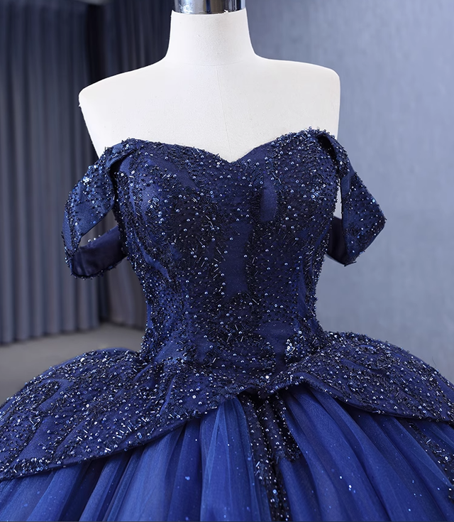 Luxurious Navy Blue Tulle Sequins Beading Prom Dress Sweet 16 Ball Gown cc1698