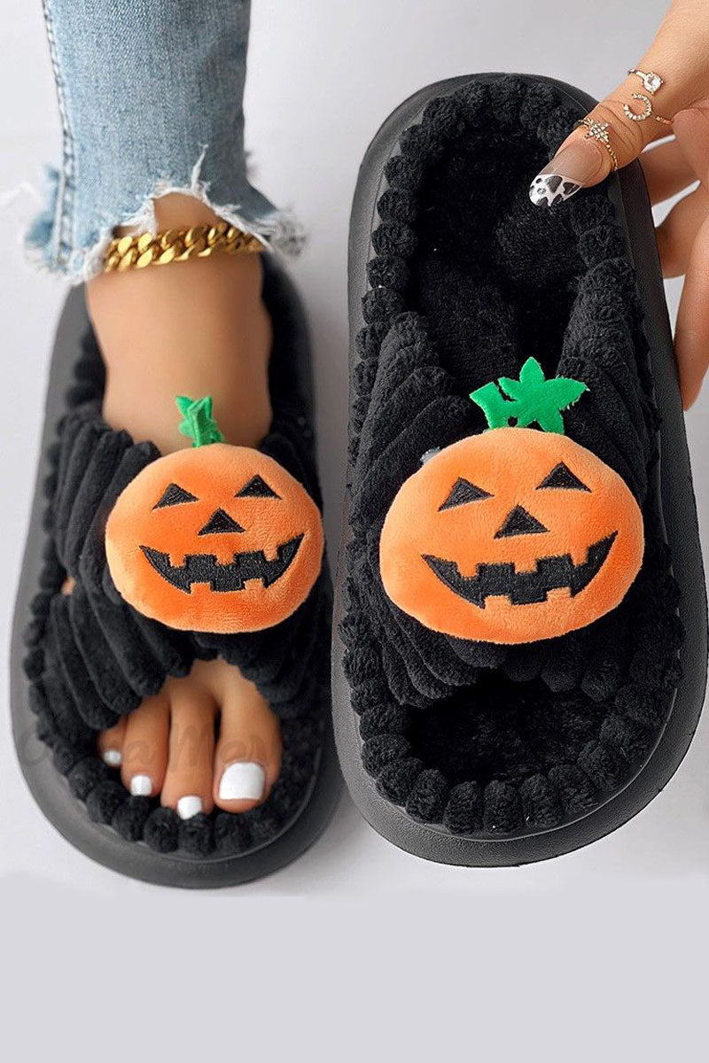 Halloween-Themed Cross Strap Fuzzy Slippers Featuring Pumpkin Patterns