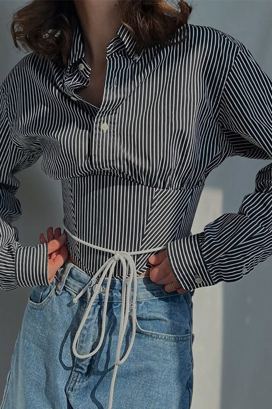 Striped Waist Tie Blouse