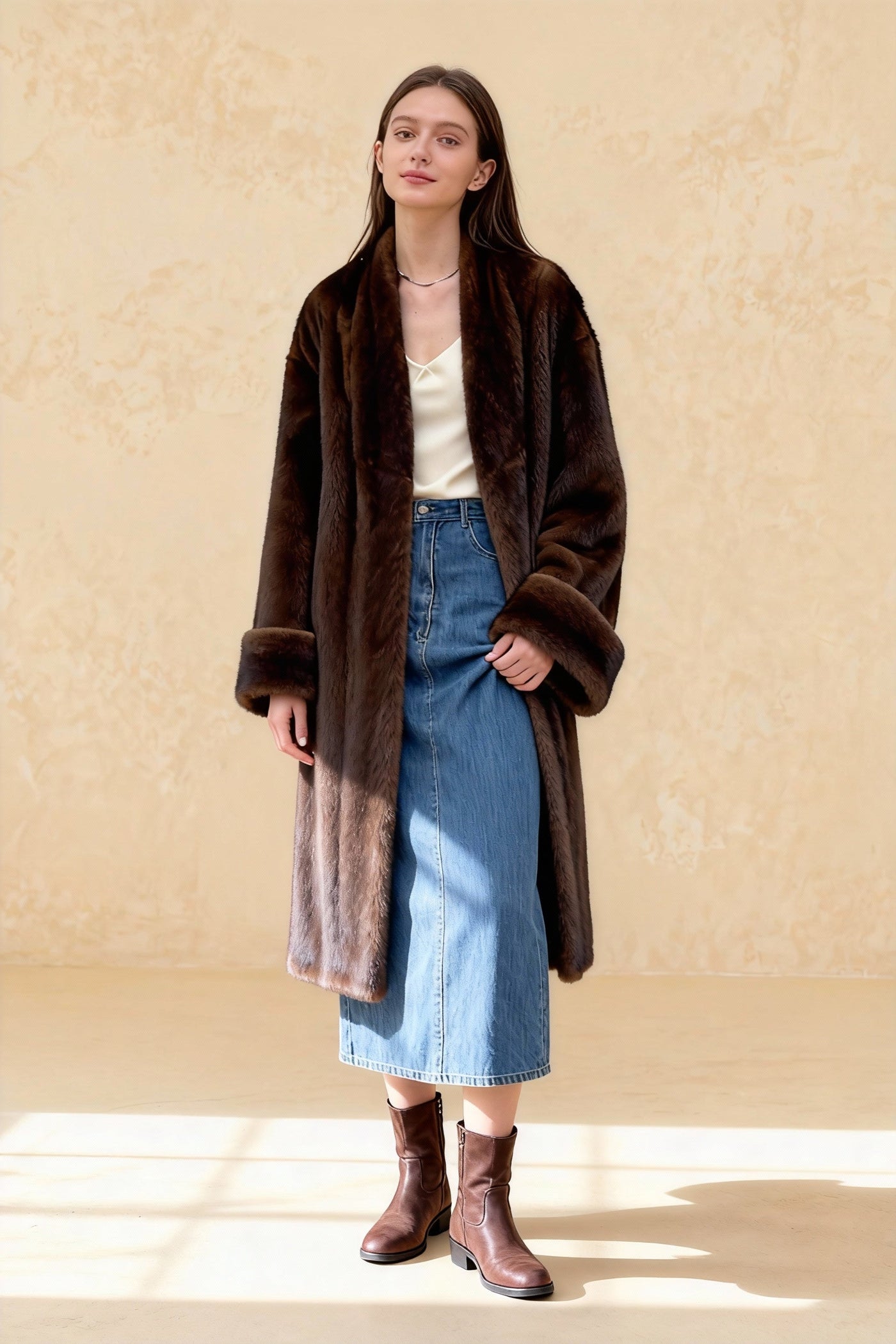 Imitation Mink Lapel Full Sleeve Overcoat