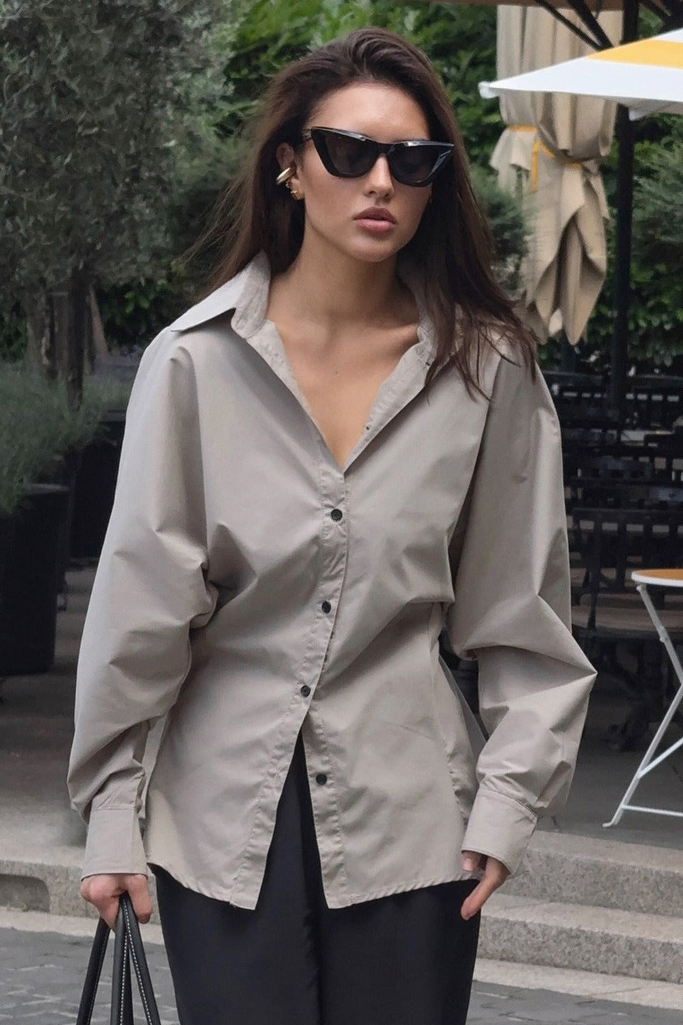 Oversized Collared Batwing Sleeve Cinched Waist Button Front Shirt