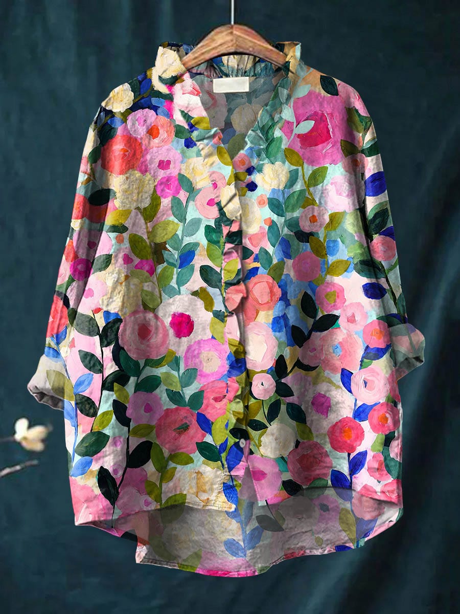 Floral Print V-Neck Roll Sleeve Button Front Tunic Blouse