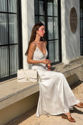 V-Neck Lace Panel Cami Waist Tie Maxi Lace Dress