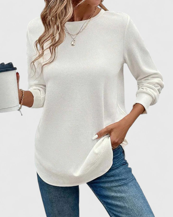 Crew Neck Long Sleeve Waffle Knit Curved Hem Top