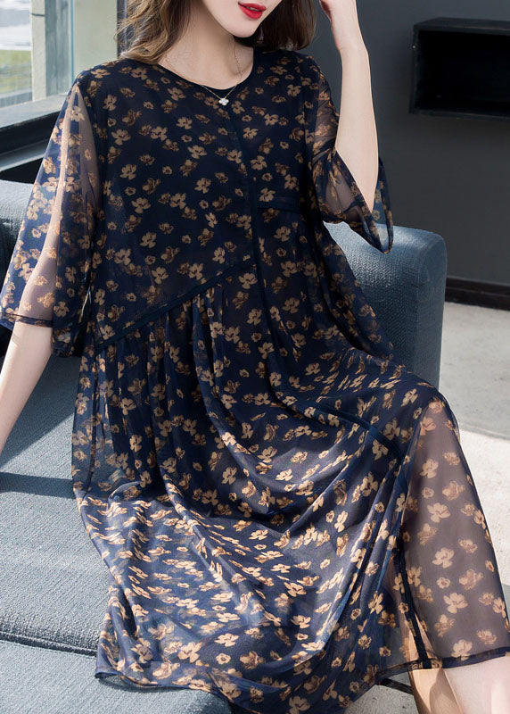 Floral Print Chiffon Round Neck Elbow Sleeve Sheer Overlay Tiered Relaxed Midi Dress