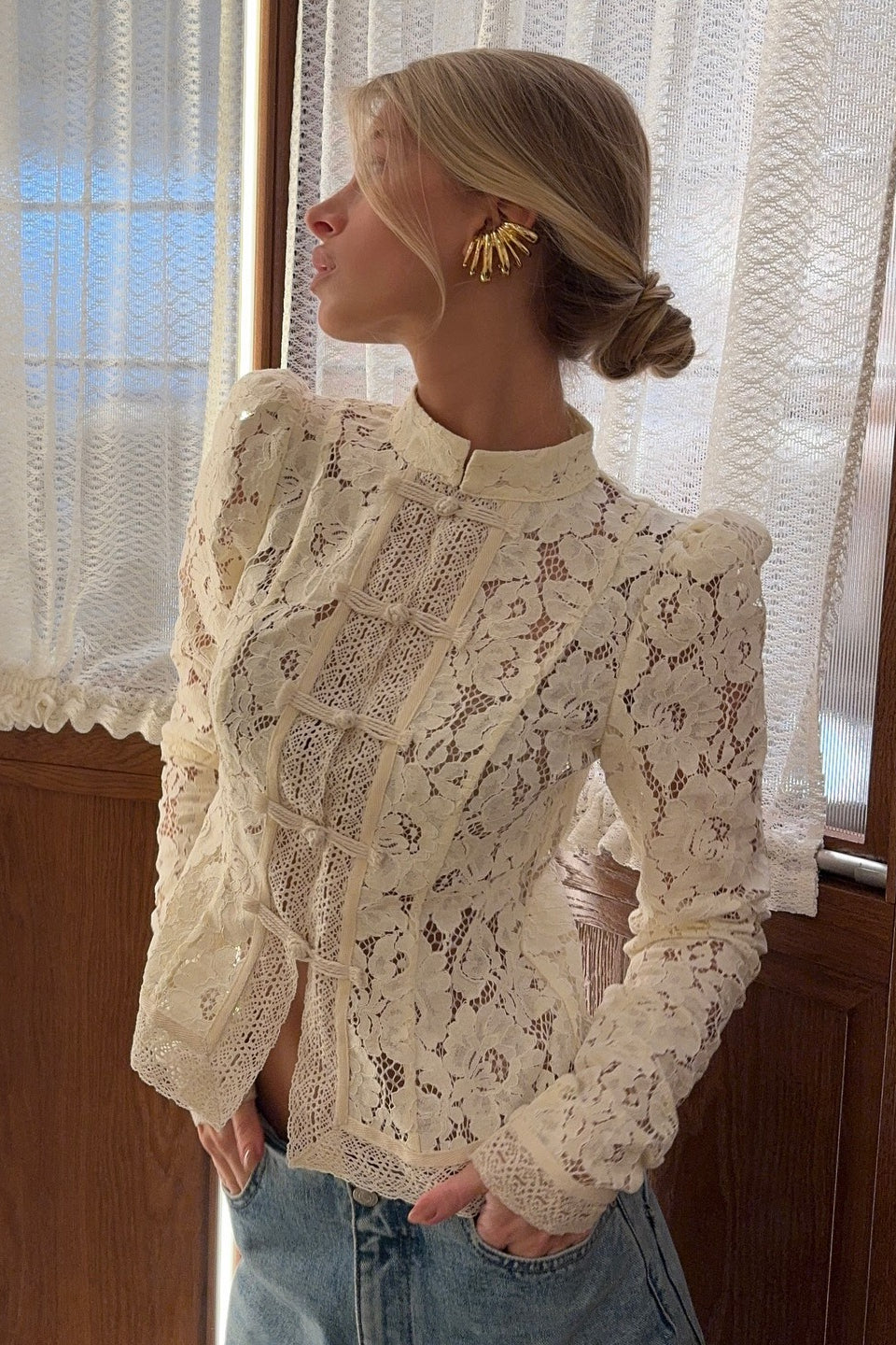 Lace Mock Neck Puff Shoulder Long Sleeve Button Front Blouse