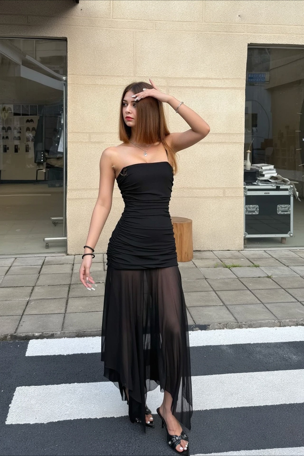 Solid Strapless Mesh Panel Party Dress 7