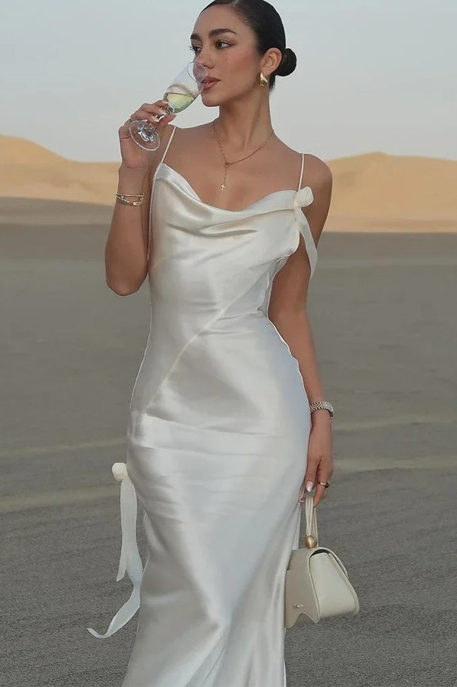 Elegant White Satin Backless Maxi Dress 2