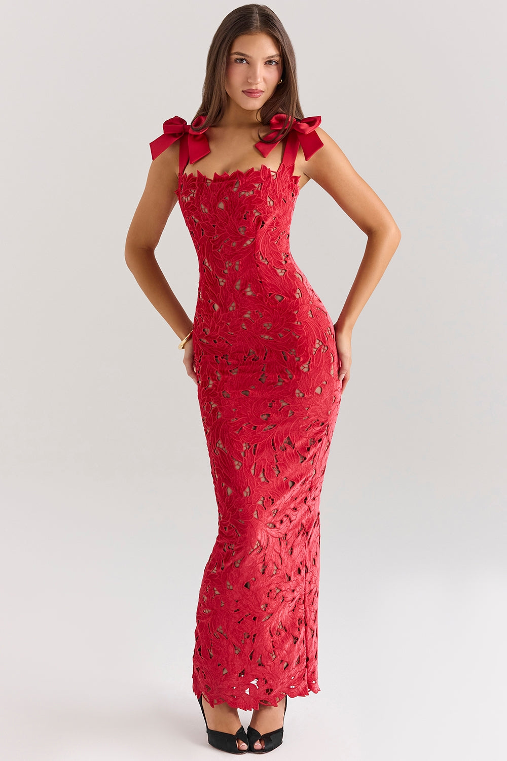 Cutwork Lace Bow Shoulder Square Neck Column Maxi Dress 3