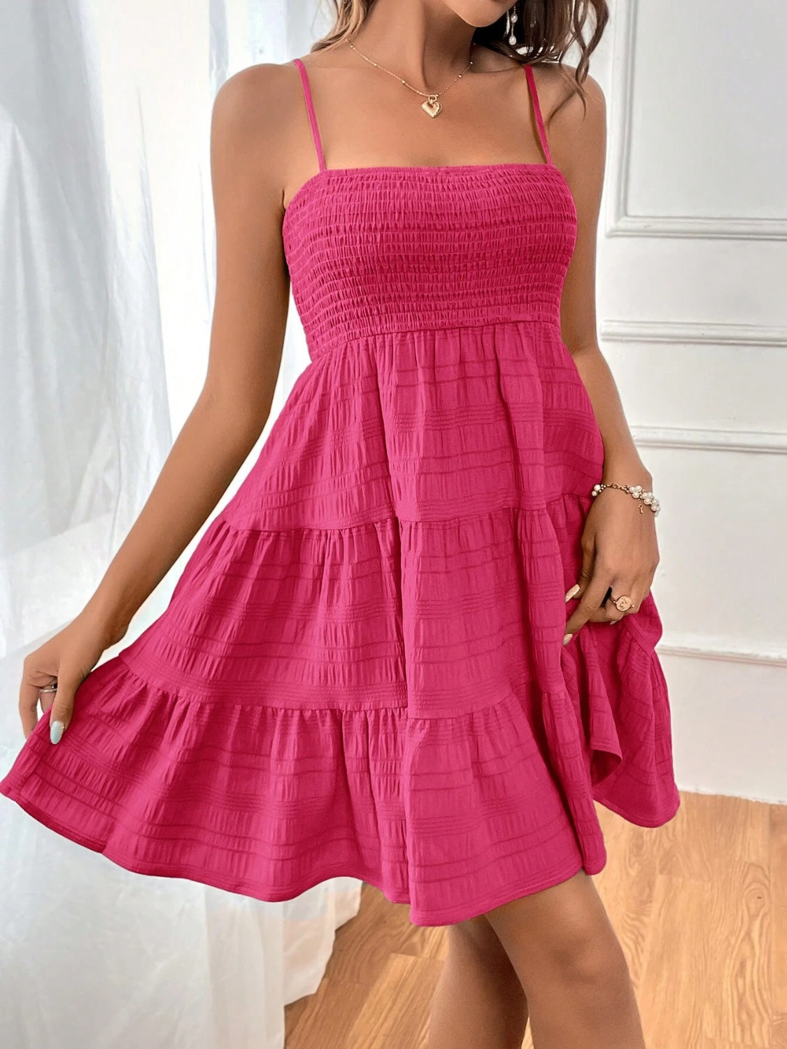 Smocked Tiered Sleeveless Mini Dress Deep Rose