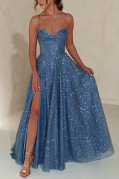 Cinderella Glitter Tulle Fabric Cowl Neck Back Lace-up Maxi Dress - View 3