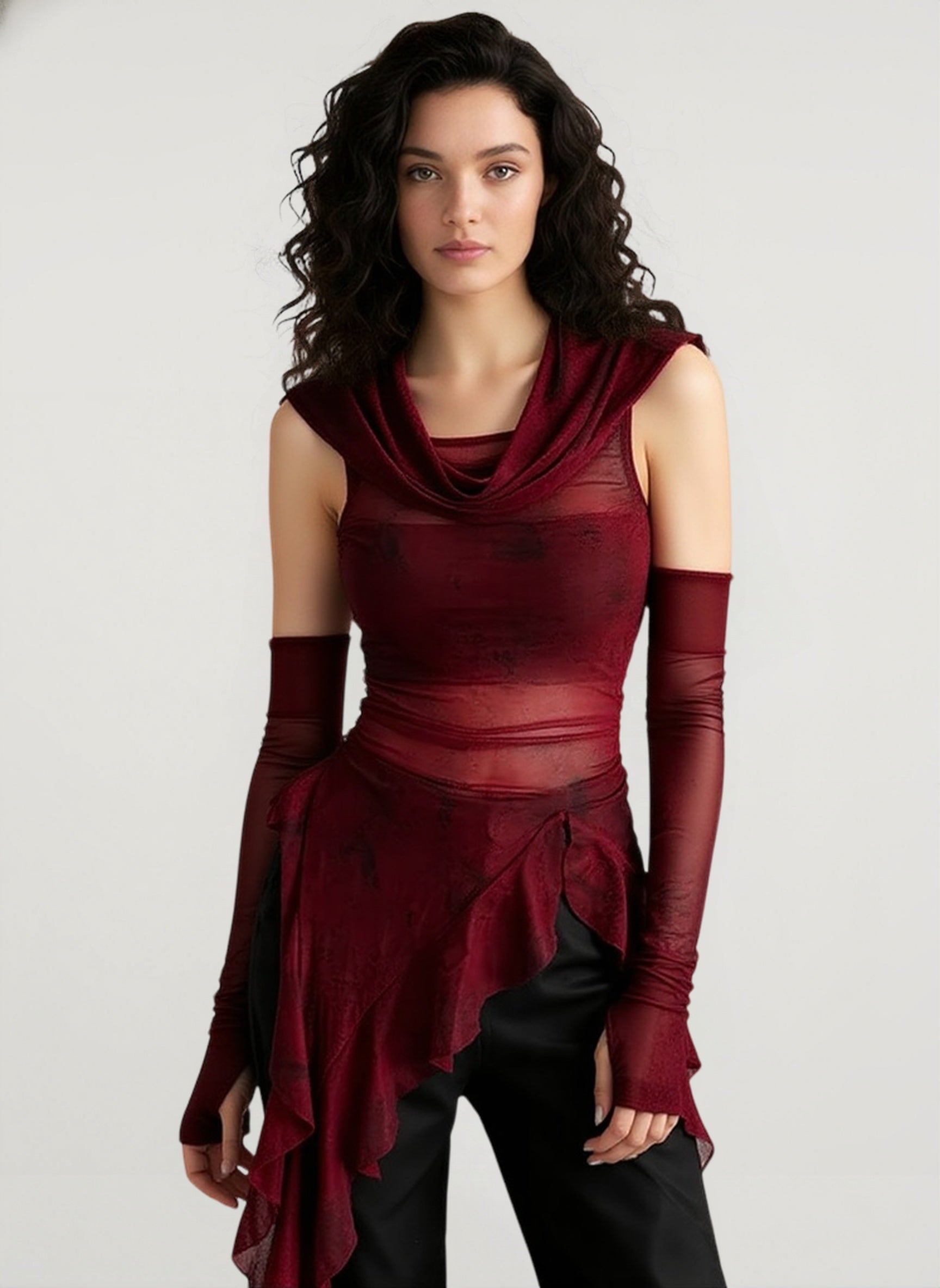 Cyber Grunge Mesh Hooded Sheer Top
