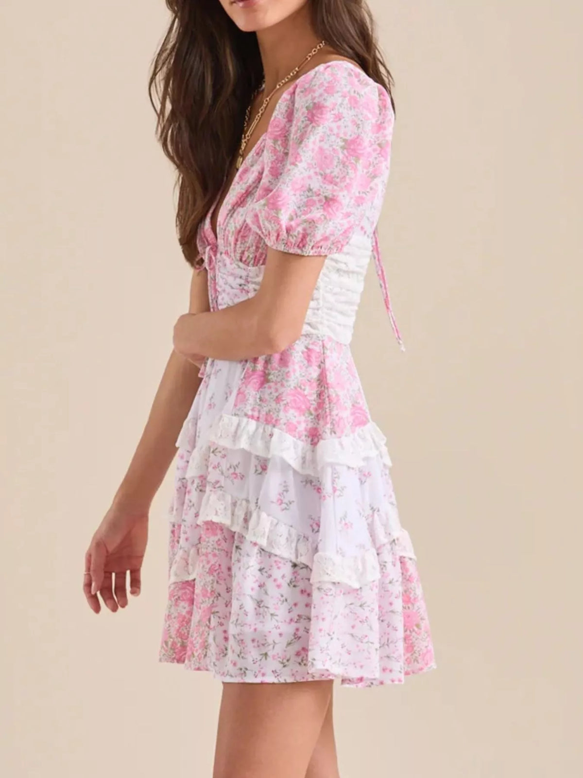 Floral Print Lace Trim Sweetheart Puff Sleeve Tiered Mini Dress 22