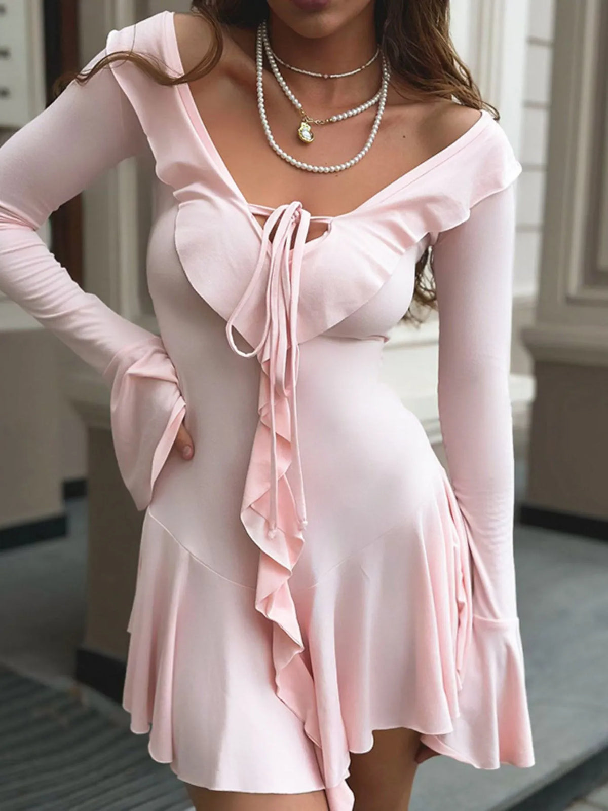 Ruffle V-Neck Tie Front Flare Sleeve Asymmetric Hem Mini Dress 14