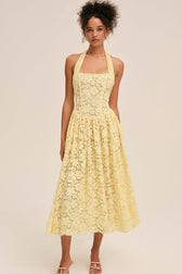 Halter Bandeau Backless Waist Cinched Solid Lace Dress