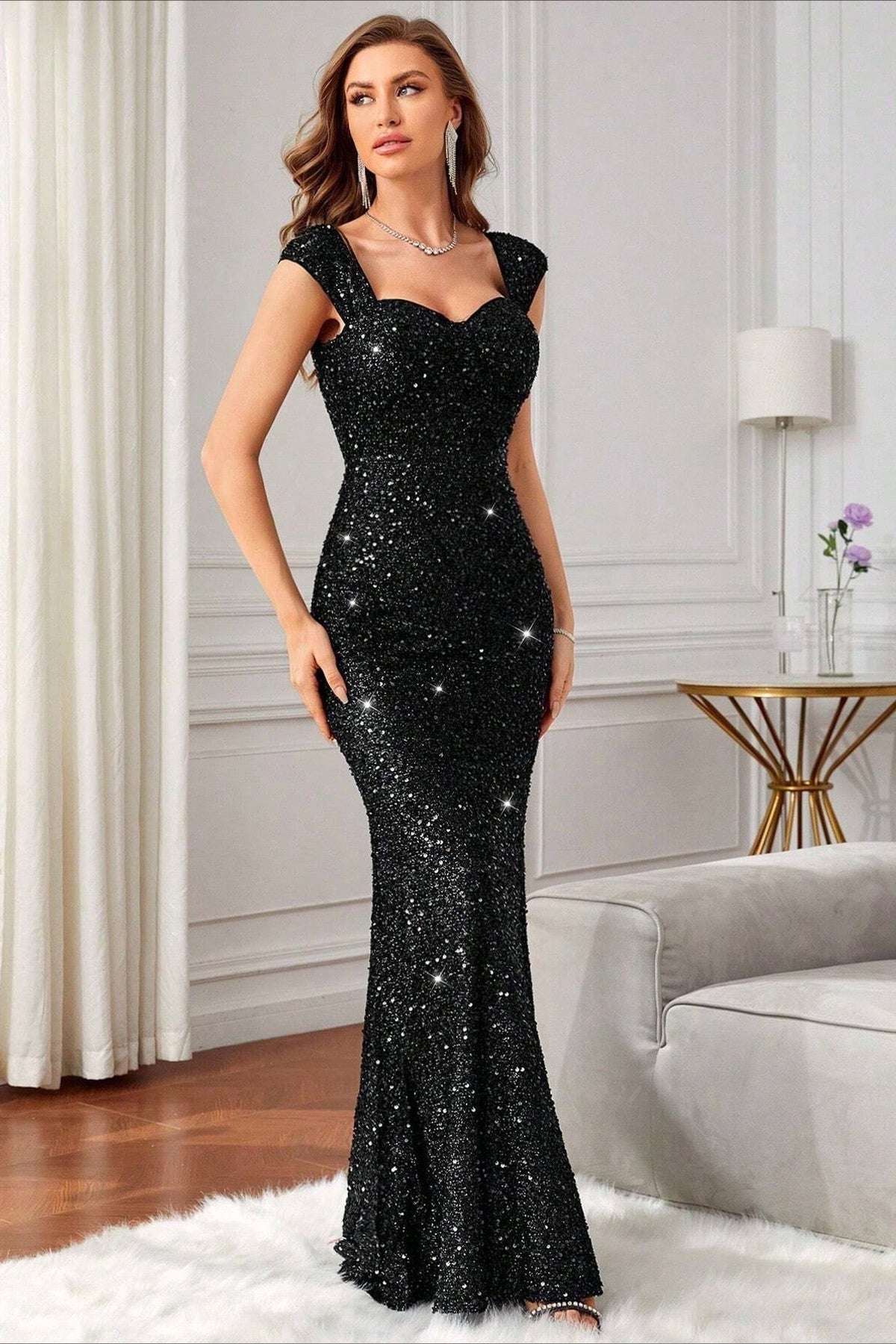Sequin Sweetheart Cap Sleeve Mermaid Formal Gown