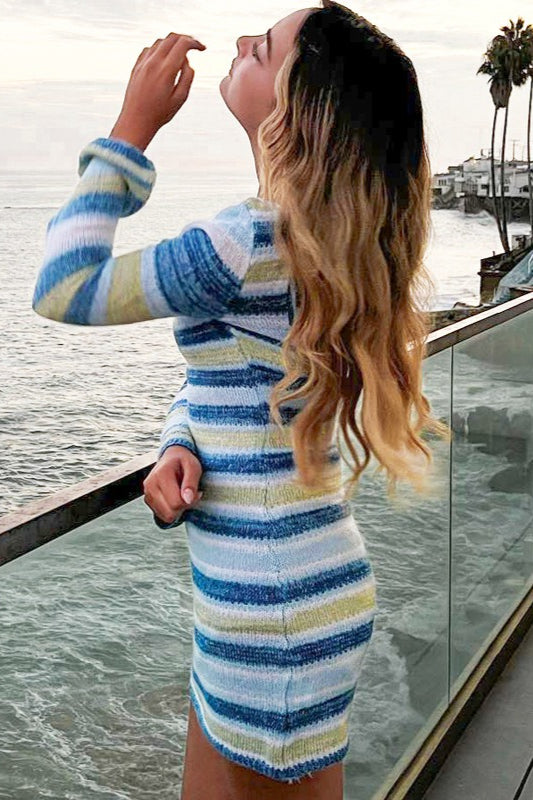 Striped Knit Backless BellSleeve Sweater Dress