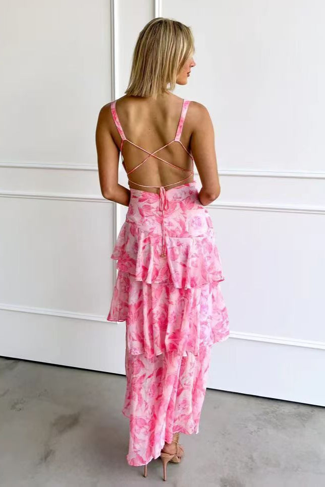 Floral Deep V-Neck Sleeveless Tiered Ruffle Chiffon Maxi Dress