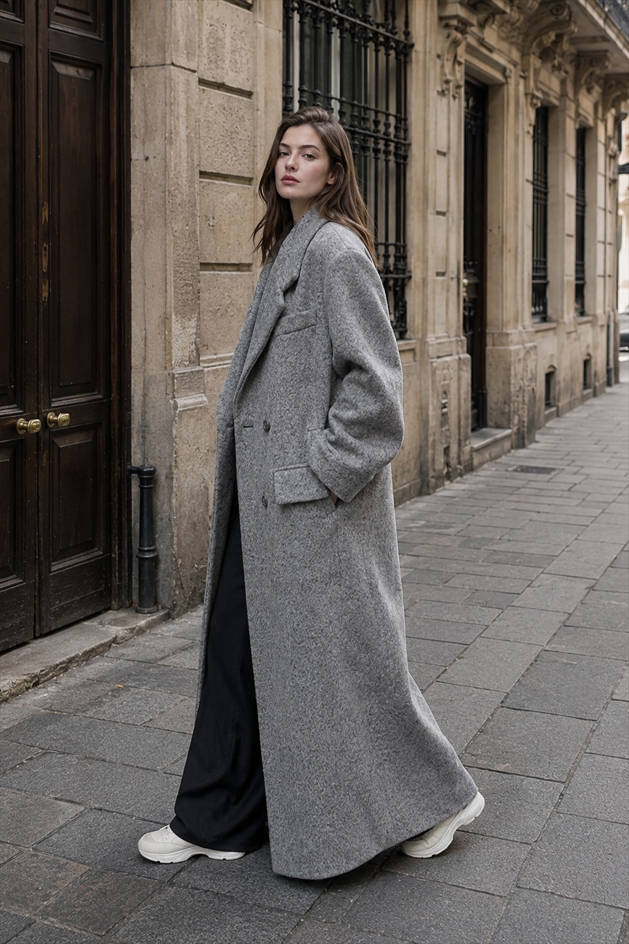 Oversized Double Breasted Notched Lapel Longline Wool-Look Coat 3