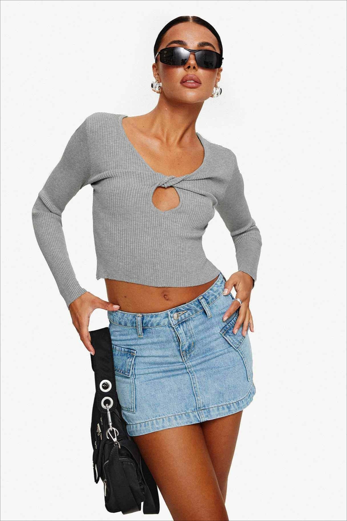 Low-Rise Pleated Denim Mini Skort