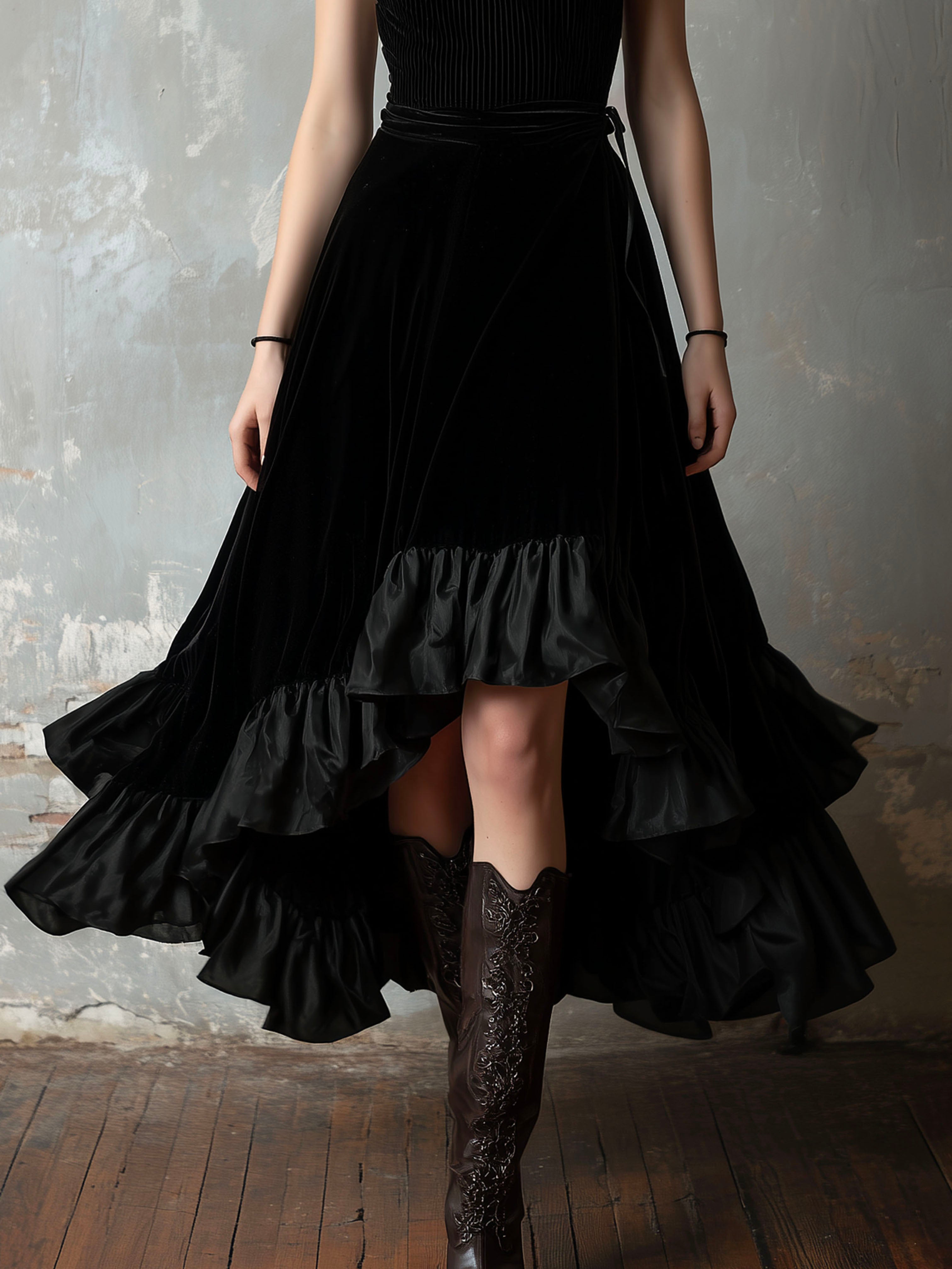 Halter Keyhole Neckline Velvet High-Low Dress With Ruffled Hem